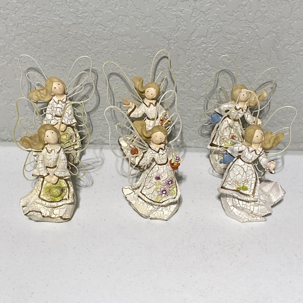 Homemaker's Idea Angel Figures Figurines Flower Garden Crackle Design Set Of 6